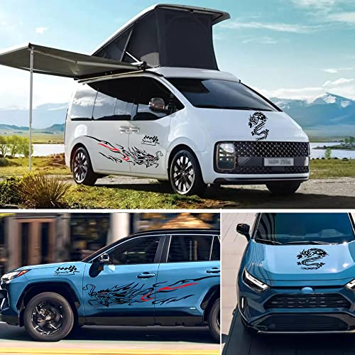 Fochutech 1 Pair 70.8 Inch Large Car Decals Cool Dragon Flame Graphics Car Side Body Door Stickers Vinyl Racing Stripes For Cars 1 Pcs Dragon Hood Decal 2 Pcs Small Sports Bumper Stickers (Black Red) #TOP6