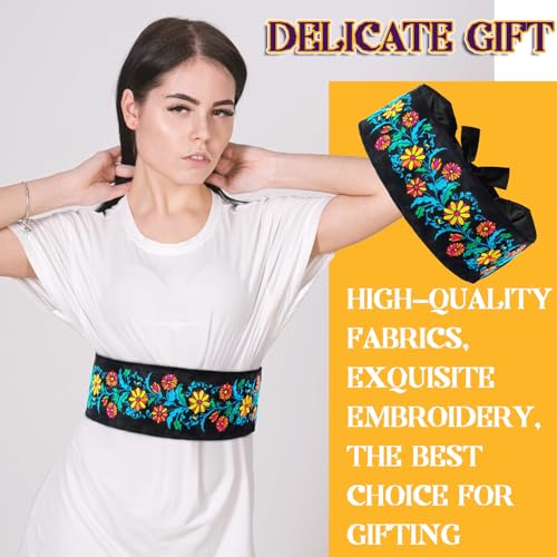 2 Pcs Embroidered Mexican Belt for Women Dress Day of The Dead Traditional Adjustable Belt with Colorful Embroidered Flowers for Women Day of The Dead Halloween Dress Party4