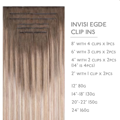 Image of WENNALIFE Invisi Edge Clip in Hair Extensions Real Human Hair, 16 Inch 130g 7pcs Balayage Sandy Brown to Platinum Blonde Seamless Clip in Extensions Remy Hair Clip Ins Invisible PU Skin Weft Straight,