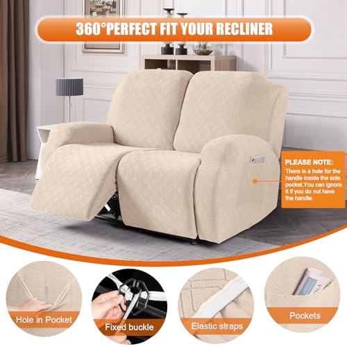 Image of VANSOFY Recliner Cover, 2-Pieces Stretch Reclining Couch Cover with Pockets Loveseat Sofa Slipcovers Soft Washable Furniture Protector for Dogs Cats(Cream)