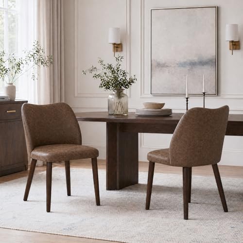 Image of MALOL Dining Chairs Set of 2, Upholstered Leather Kitchen Chairs with Curved Back, Padded Seat and Solid Wood Legs, Modern Dining Chair for Kitchen Dining Room, Dark Brown