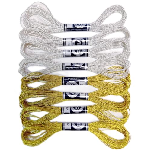 Lot de 8 écheveaux de fil à broder métallique à paillettes pour point de croix pour loisirs créatifs (4 pièces dorées + 4 argentées)