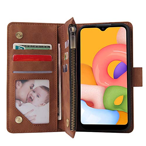 Lbyzcase Phone Case For Galaxy A10E 2019,Samsung A10E Wallet Case,Luxury Folio Flip Leather Cover[Zipper Pocket][Wrist Strap][Kickstand ][Magnetic Closure] For Samsung Galaxy A10E (Brown) #TOP1