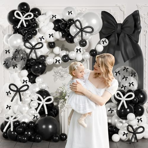 Image of Black and White Balloon Arch Kit, JOGAMS 199Pcs Bow Balloon Arch Kit with 260 Clear Pearl White Balloons Ribbon Bow for Coquette Bow Theme Birthday Bachelorette Baby Shower Bridal Shower Wedding