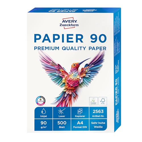 AVERY Zweckform 2563 Drucker-/Kopierpapier (500 Blatt, 90 g/m², DIN A4 Papier, hochweiß, für alle Drucker) 1 Pack