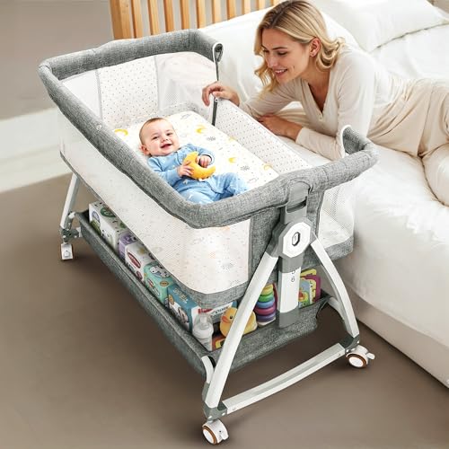 Earth&ME Baby Bassinet Bedside Sleeper with Rocking - All Mesh Portable Bedside Crib for Safe...