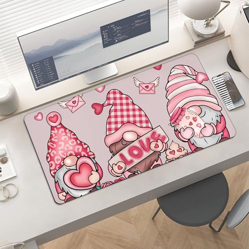 Image of Valentine Pink Gnome Extended Gaming Mouse Pad, with Stitched Edges Large Mouse Pad Desk Protector, Rubber Base Mousepad Keyboard Mouses Mat for Work Game Office Home 32 inchX16 inch,E107