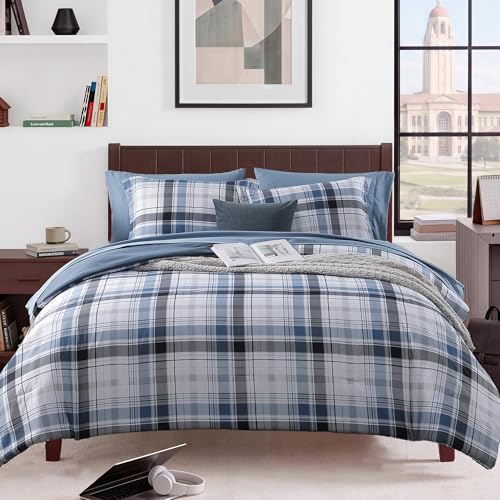 Image of MaiReve Full Size Plaid Comforter Set Lake Blue, Classic 7 Pieces Farmhouse Bedding Set, All Season Lightweight Bed in A Bag with Sheets, Pillowcases & Shams