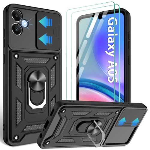 Gritup for Samsung Galaxy A05 Case with Screen Protector[2 Pcs] with Slide Camera Cover, 360°Rotation Ring Kickstand丨 [Military Grade] Heavy Duty Shockproof Protection,Black