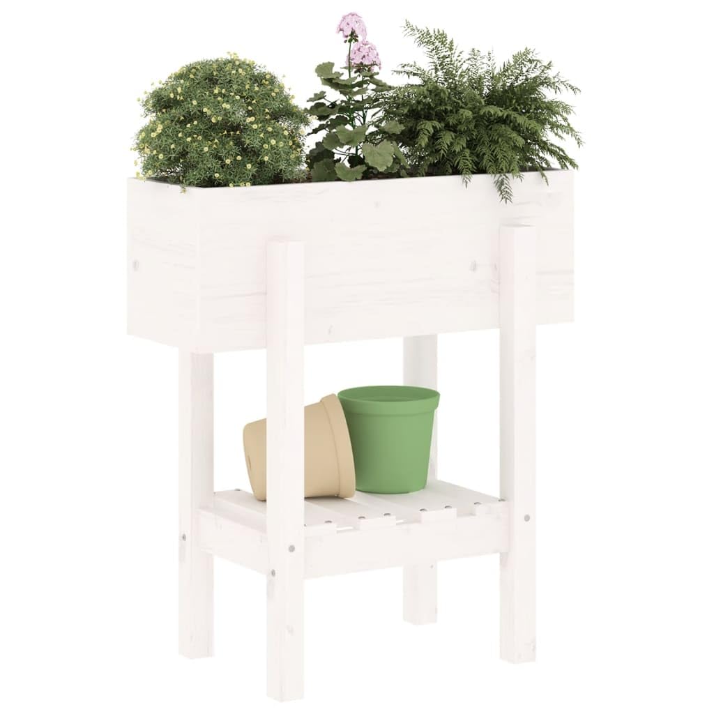 Macetero blanco 62 x 30 x 69 cm de madera de pino maciza, ideal para jardín, balcón y terraza, con práctica bandeja para herramientas de jardín y flores