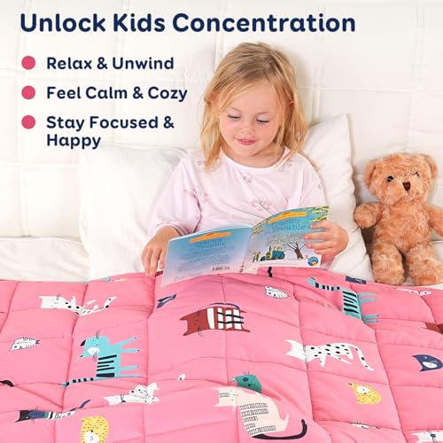 Kivik Cooling Weighted Blanket 7 Pounds, Breathable Weighted Blankets, Ultra Soft Heavy Throw for Relaxing & Sleeping, Machine Washable, 41 x 60 Inches, Cute Cat Printing, Pink