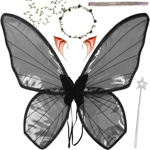 Fairy Wings for Adults Fairy Costume Set with Floral Garland Fairy Hair Tinsel Wand & Elf Ears 19x24 Organza Butterfly Wings Ideal for Cosplay Party Black