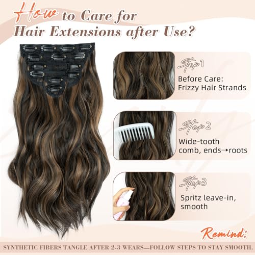 Fliace Clip in Long Wavy Synthetic Hair Extensions 16 Inch Black with Caramel Highlights 6PCS Thick Hairpieces Fiber Double Weft Hair for Women