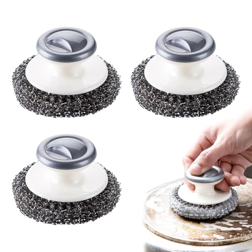 Metal Scourer 3-Pack – Heavy Duty Scourer with Handle, Stainless Steel Scrubber Brush for Kitchen, Pots, Pans, Grills & Sink Cleaning, Durable Wire Scourers for Dishes, Cookware & Household Use