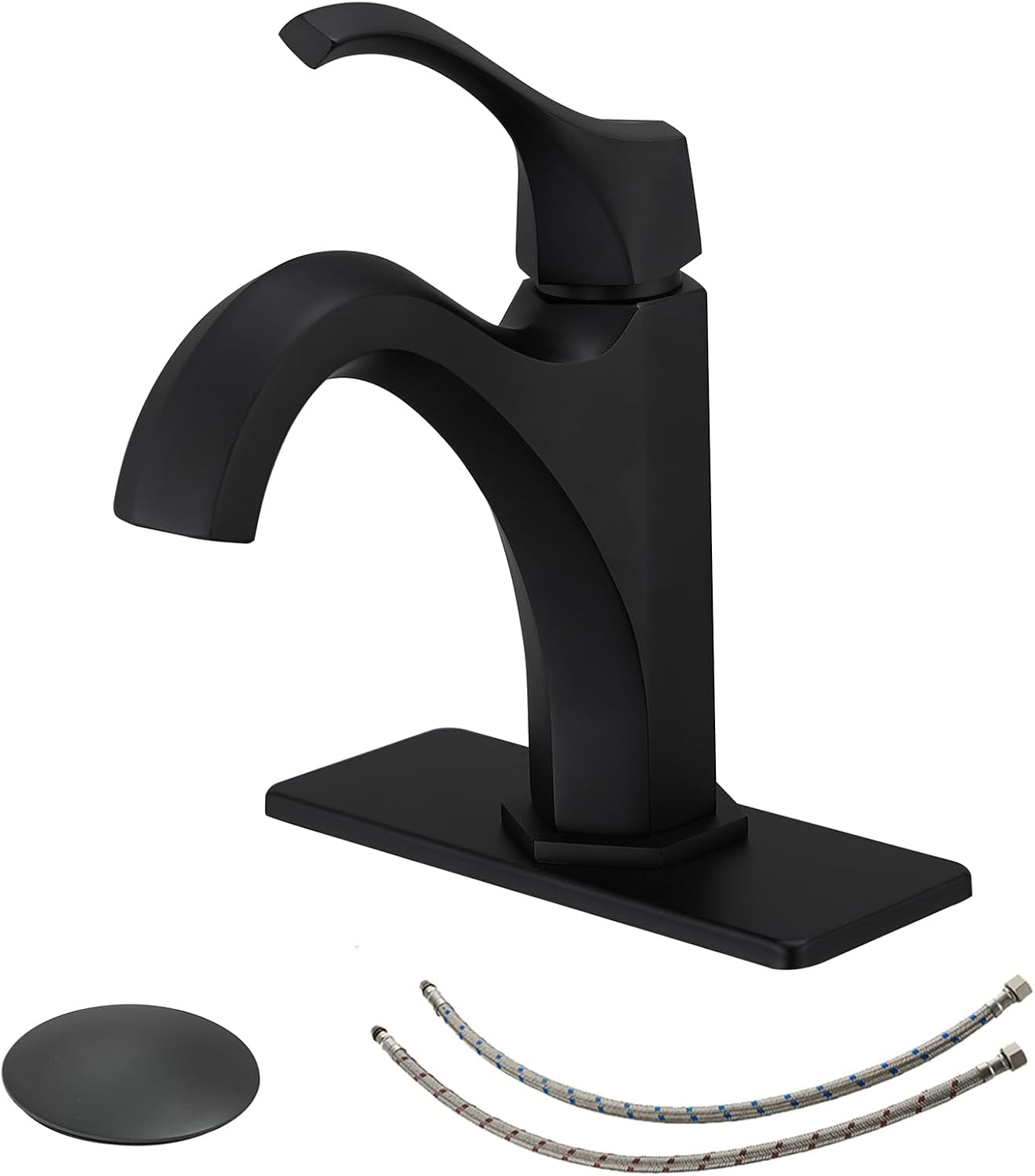 Bathroom Sink Faucet Single Hole Single Handle Bathroom Sink Faucet Deck Mount RV Lavatory Vanity Faucets with Deck Plate and Pop Up Drain Assembly, Black, Brass