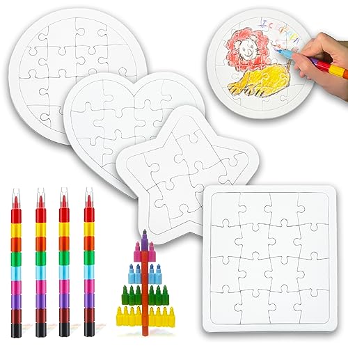 ICEPAPA, 4 Rompecabezas Blanco y 4 Ceras de Colores para Niños (9 colores en 1), Creativos Puzzle Personalizado ideales para Regalitos Cumpleaños Invitados Niños, Regalos Boda Niños