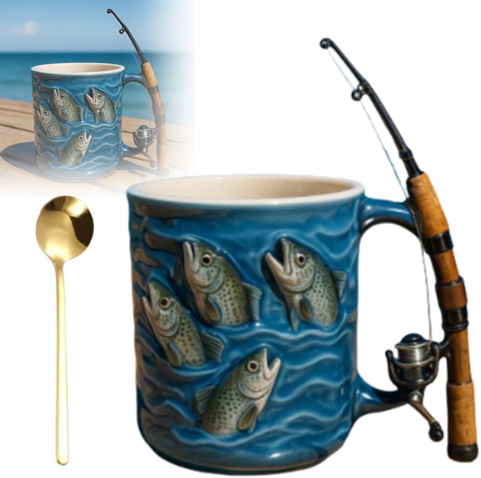 kinrguiyuez Taza de , divertido diseño de caña de pescar y carrete, tazas de café de cerámica, regalo para pescadores, papá, pescador, para chocolate, té, vino, cerveza, fiesta, reunión familiar