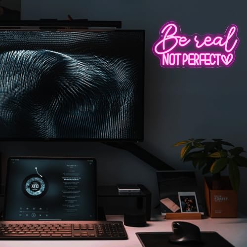 Image of Symone Be Real Not Perfect Heart Neon Sign, Motivational Neon Sign USB Powered LED Dimmable Inspirational Neon Light, for Office Living Room Bedroom Bar Garage Studio Wall Decor(15.7 * 8.2 In)