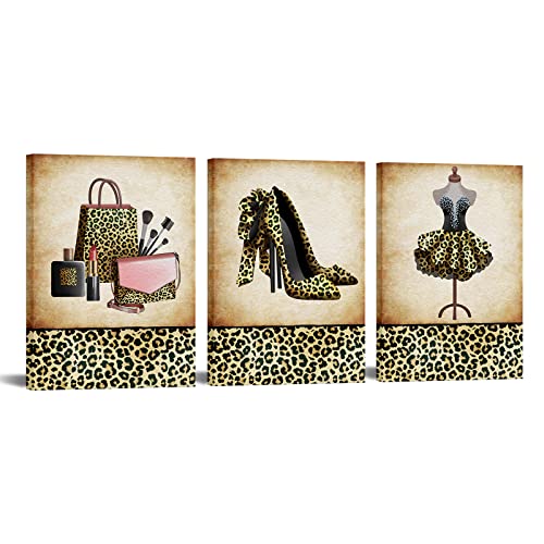 Ihappywall 3 Pieces Vintage Leopard Fashion Wall Art Makeup Handbad High Heels Modern Art Posters For Girls Women Bedroom Wall Decor Stretched And Framed Ready To Hang 12X16Inchx3Pcs #TOP5