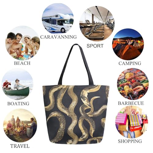 Fashion Golden Snake Black Extra Large Canvas Gym Shoulder Tote,Durable Daily Reusable Top Handle Bag for Mens Womens Yoga Weekender Picnic Beach Travel Market Shopping4