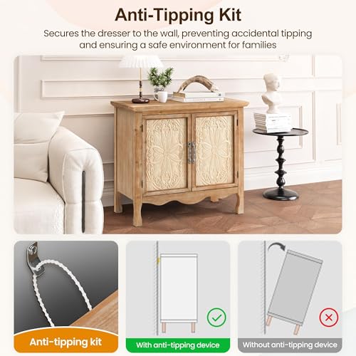 Image of RoyalCraft Sideboard Buffet Kitchen Storage Cabinet, Solid Wood Credenza Accent Cabinet, Cupboard Console Table with 2 Craved Decorated Doors for Dining Room, Living Room, Hallway (Natural)