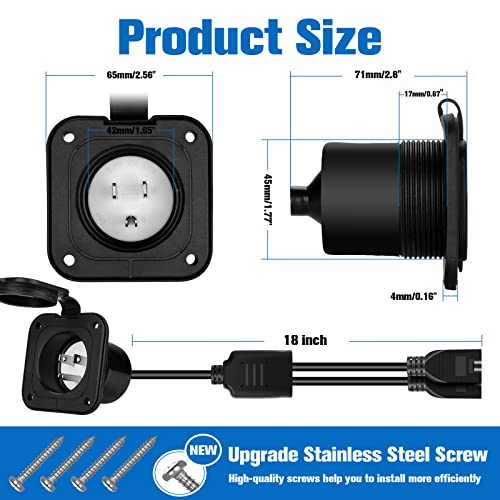 BEBOBLY 15 Amp AC Port Plug, 125V Power Inlet Socket with Waterproof Cover & Integrated Dual 18\" Extension Cord, 2 Pole 3-Wire NEMA 5-15 Flanged Generator Inlet Plug for RV Boat Electrical Connections