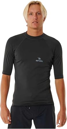 Rip Curl Men's Stack UPF50+ Performance Short Sleeve Rash Guard Vest Top UV Sun Protection Washed Black
