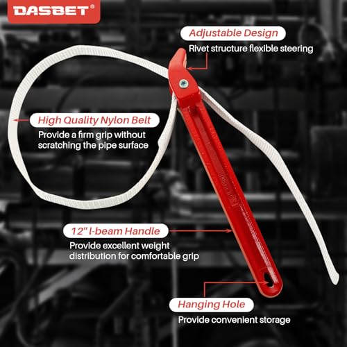 DASBET 12 Inch Strap Wrench Pipe Adjustable Nylon Strap Pipe Wrench Double Layered Oil Filter Strap Wrench Handle Nylon Belt - Thumbnail 5