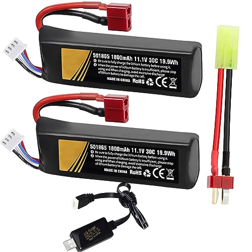 Batteria 1800mAh 30C 11.1v lipo Airsoft Connettore a T con caricatore USB Presa T a cavo Mini Tamiya Compatibile con Airsoft Gel Batterie ricaricabili per Blaster a Perle d'acqua Accessori 2 pezzi