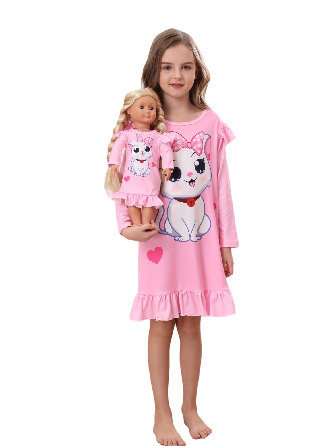 Bow Dream Toddler Girls Casual Dress Pink Cat Cute and Matching American Girl Doll Clothes for Girls