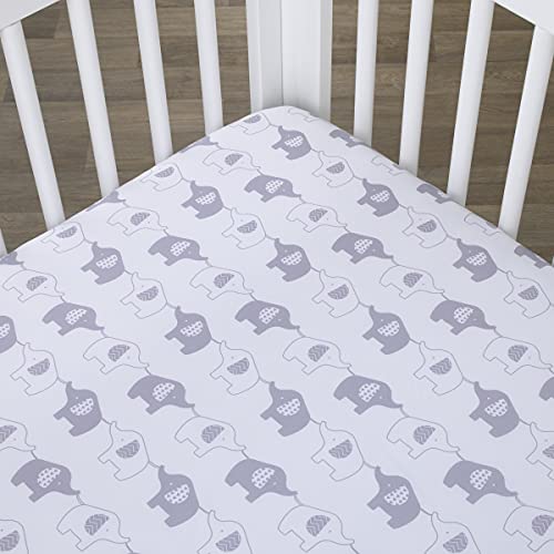 Image of NoJo Elephant Stroll White & Gray Fitted Crib Sheet, Grey, White