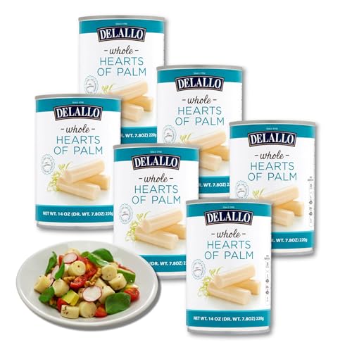 DeLallo Whole Hearts of Palm, All Natural, Harvested in South America, Low Fat and Low Calorie, Unique Canned Vegetable for Topping Salads and Snacking, Non-GMO, Kosher, Gluten-Free, 14.1 oz Can, (6 Pack)