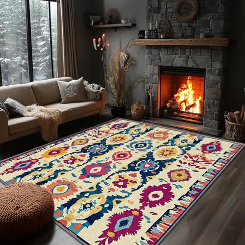 Yoozitrees Ethnic Rug 8x10 - Ethnic Rug, 5x6 Rug, Southwestern Tribal Rustic Area Rug, Bohemian Multicolor Vintage Carpet, Washable & Non Slip & Soft Large Rugs, Ethnic Home Decor