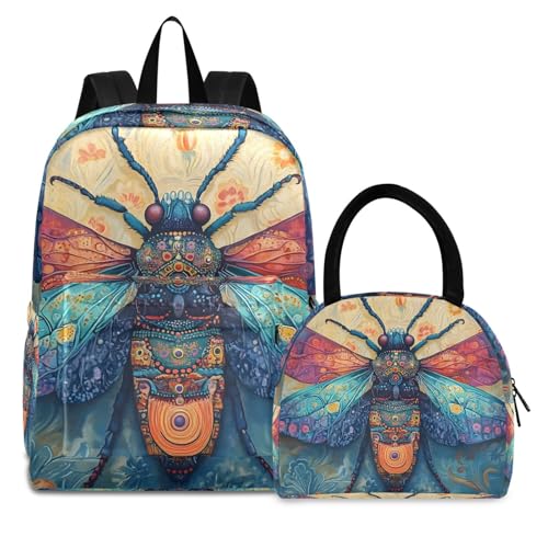 Backpack Lunch Bag Set Art Painting Animal Print, Big Storage Travel Backpacks with Insulated Lunch Box for Office Hiking Picnic