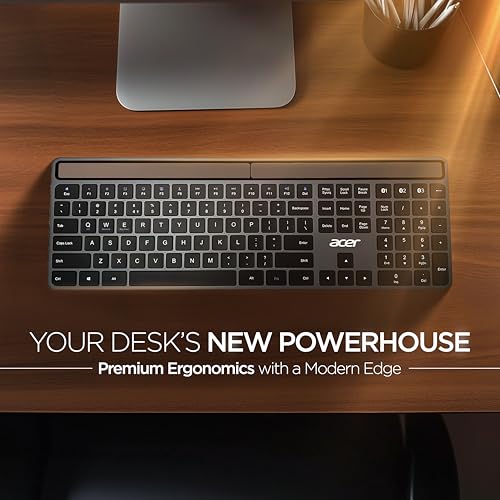 Image of Acer Solaris Solar Powered Bluetooth Keyboard, 109-Key Wireless Keyboard with Super-Capacitor, Multi-Device BT 5.0, Type-C Emergency Charging, 10m Range, for Windows, Mac, Android, Space Grey