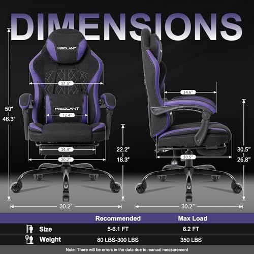 Image of Misolant Gaming Chair, Fabric Gamer Chair with footrest for Adults, High Back Ergonomic Computer Game Chair with Adjustable Headrest and Massage Lumbar Support, 90-155 Recline Free, Purple