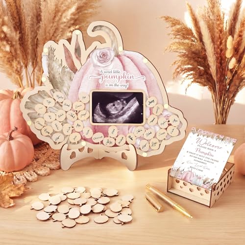 Image of Wenqik 63 Pcs Pink Little Pumpkin Baby Shower Guest Book Alternatives Set Baby Shower Decorations with Photo Frame Sonogram Frame Keepsake 60 Wood Slices Guest Book for Birthday