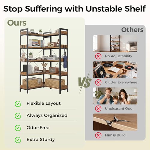 GTPLAYER 5-Tier Corner Bookshelf, L-Shaped Metal Frame Shelf with Tall 14" Shelves, Plant Stand and Storage Rack for Small Spaces, Living Room and Home Office, Vintage Brown by GTPLAYER - Used condition - Image 8