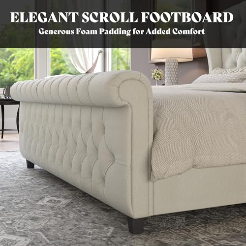 Image of AMERLIFE California King Size Platform Bed Frame, Velvet Upholstered Sleigh Bed with Scroll Wingback Headboard & Footboard /Button Tufted /No Box Spring Required /Cream