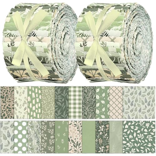 Hosuly 40 Pcs Sage Green Fabric Greenery Jelly Fabric for Quilting Roll Spring Sage Leaves Quilting Strips 2.55 Inch Precut Patchwork Roll for Craft Sewing DIY Crafts