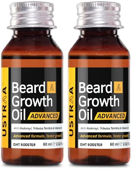 Ustraa Beard Growth Oil Advanced - 2 x 60ml - Lab Tested to increase Beard Growth rate by 40%, With Redensyl and DHT Booster, No Sulphates, No Parabens, No Silicone, No Mineral Oil (Set of 2)