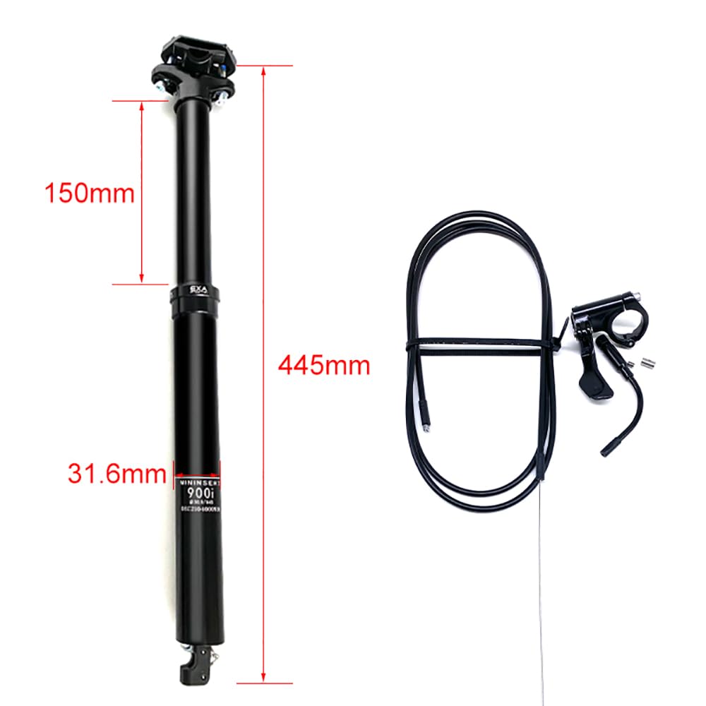 Tige de Selle VTT Telescopique de Vélo 30,9mm/31,6mm, Tige de Selle Compte-Gouttes a Distance Réglable en Hauteur Routage Interne Débattement de 100mm/125mm/150mm