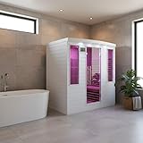 SNÖ Sauna Infrarouge Extérieur 4 Places 3100W | Panneaux Carbone, Chromothérapie, Bluetooth | Bois Hemlock Blanc, Porte en Verre Sécurisé, Ionisateur d'air | Dimensions 186x185x20cm