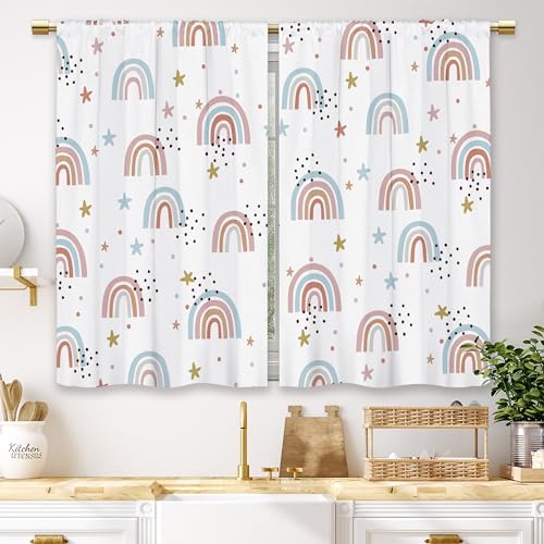 Laifzere Boho Colorful Rainbow Kitchen Curtains Kids Child Boys Girls Small Short Cafe Window Curtains Cute Cartoon Blue Pink Rod Pocket Bathroom Drapes Treatment Tier Curtains 2 Panels (27.5x39 Inch)