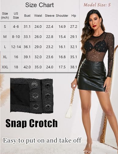 Image of Avidlove Womens Mesh Long Sleeve Bodysuit Round Neck Sheer Leotards Geo Print Bodysuit Top with Snap Crotch