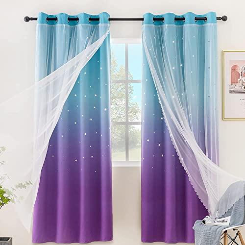 Image of Stiio 2 Panels Star Cutout Blackout Curtains, W52 x L84 inches Blue Purple | Light Blocking; Window Treatment with Sheer Grommet Window Drapes; 2 in 1 Curtain for Girls Kids Bedroom Living Room