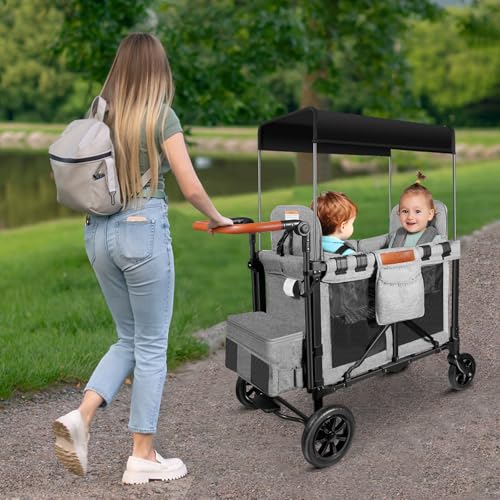 Carro para niños plegable de dos asientos con arneses para excursiones y compra 8