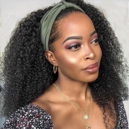 Image of Kinky Curly Headband Wig Human Hair 20 Inch Headband Wigs for Women Human Hair Glueless None Lace Front Curly Wave Wigs Brazilian Virgin Hair Wear and Go Glueless Wig 150% Density Natural Color
