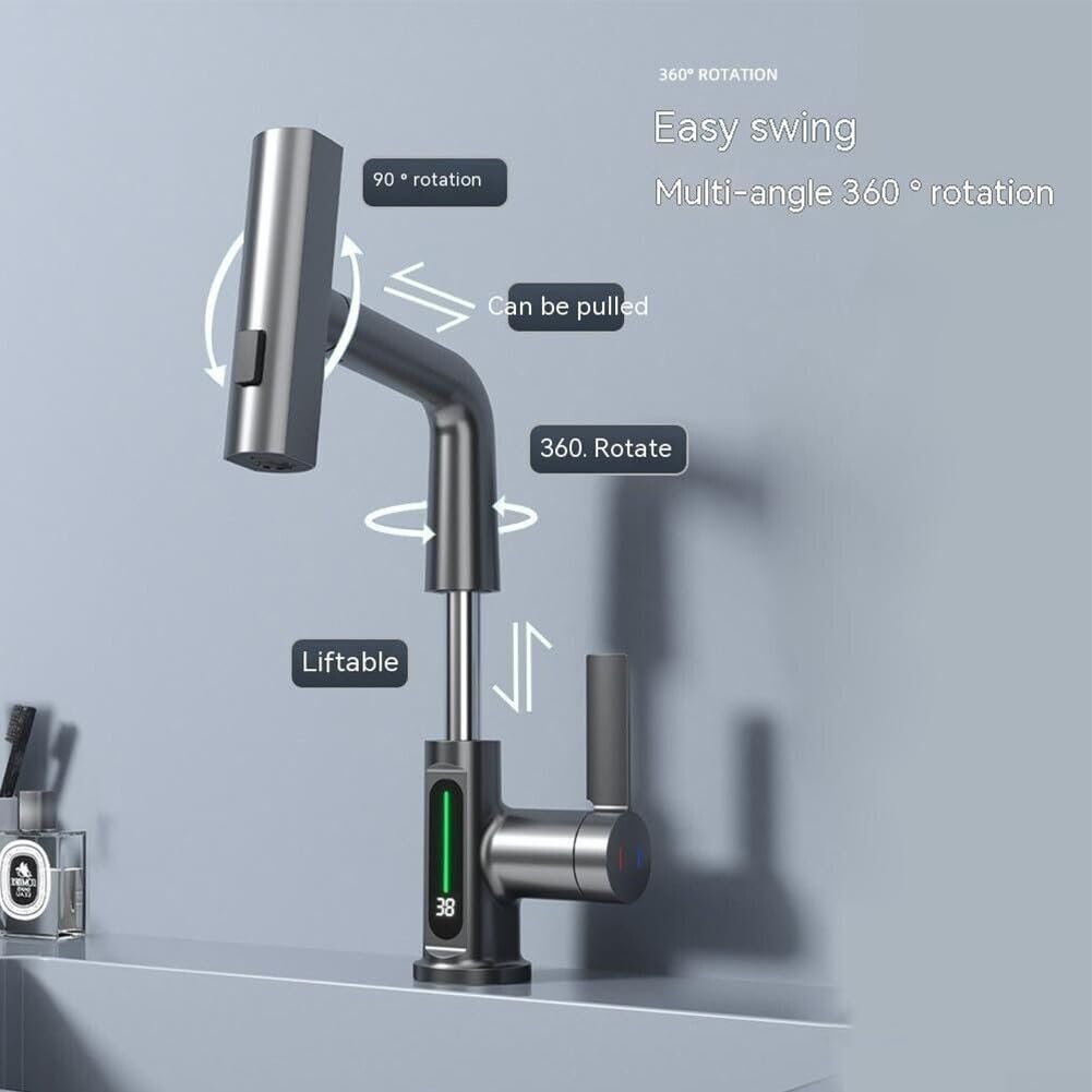 ForDigital Display - Grifo de cocina extraíble con sensor de temperatura, giratorio 360 grados, latón para fregadero, baño, caravana, negro (gris)
