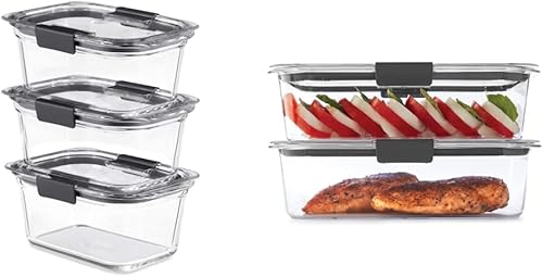 Rubbermaid Brilliance Glass Storage 4.7-Cup Food Containers with Lids, Clear (Pack of 3) & Leak-Proof Brilliance Food Storage Set  9.6 Cup Plastic